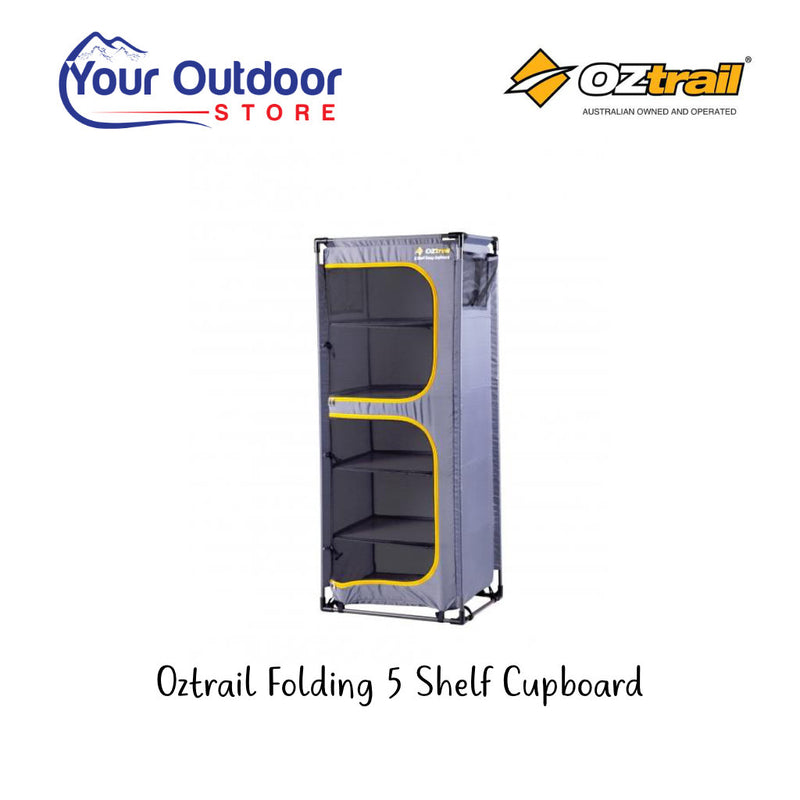 Oztrail Folding 5 Shelf Camp Cupboard. Hero image with title and logos