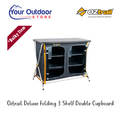 Oztrail Deluxe Folding 3 Shelf Double Cupboard. Hero image with title and logos