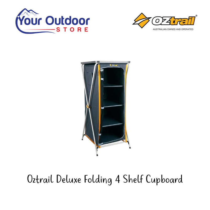 Oztrail Deluxe Folding 4 Shelf Cupboard. Hero image with title and logos