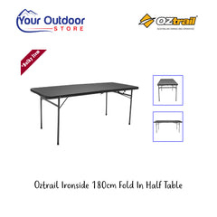 Oztrail Ironside 180cm Fold In Half Table. Hero image with title and logos