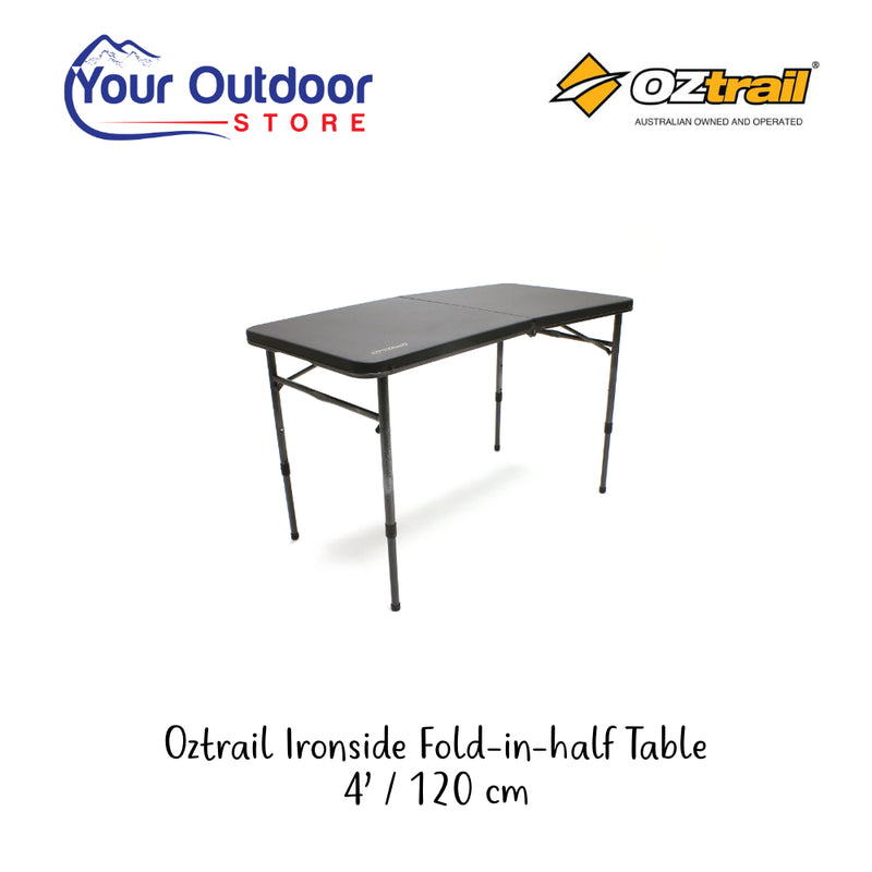 Oztrail Ironside 120cm fold in half table. Hero image with title and logos