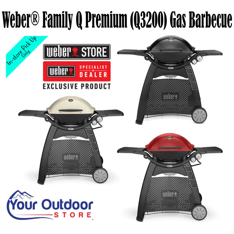 Weber Family Q (Q3200) Premium model. Hero image with title and logos