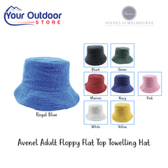 Avenel Adult Floppy Flat Top Towelling Hat. Hero image with title and logos plus colour image inserts