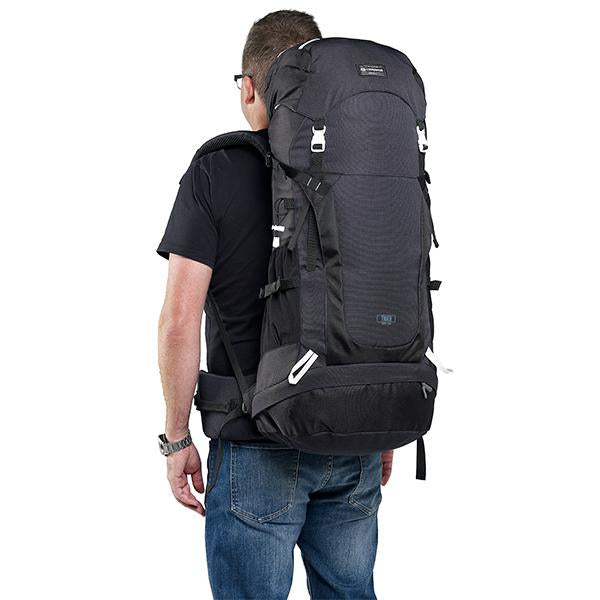 Black | Caribee Frontier 65L Rucksack Worn to show size and fit