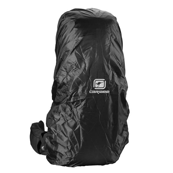 Black | Caribee Frontier 65L Rucksack with rain cover on