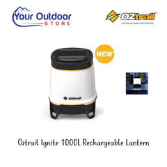Oztrail Ignite 1000 Lumens Rechargeable Lantern Hero Image with title and logos