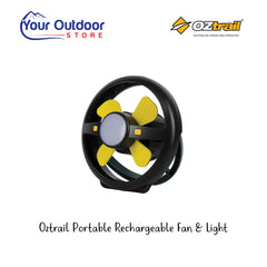 Oztrail Portable Rechargeable Fan And LED Light. Hero image with title and logos