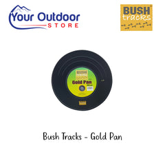 Bush Tracks Gold Pan. Hero Image Showing 26cm Pan, Logos and Title. 