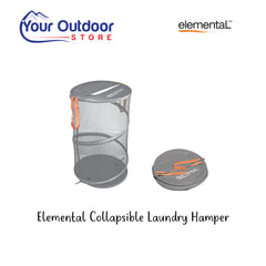 Elemental Collapsible Laundry Hamper. Hero image with title and logos