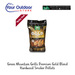 Green Mountain Grill Gold Premium Hardwood Pellets. Hero image with logos and title