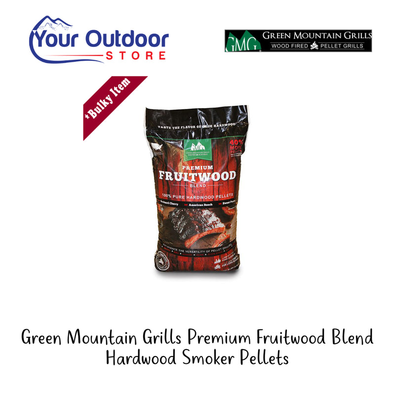 Green Mountain Grill Premium Fruitwood Blend Hardwood Pellets. Hero image with logos and title