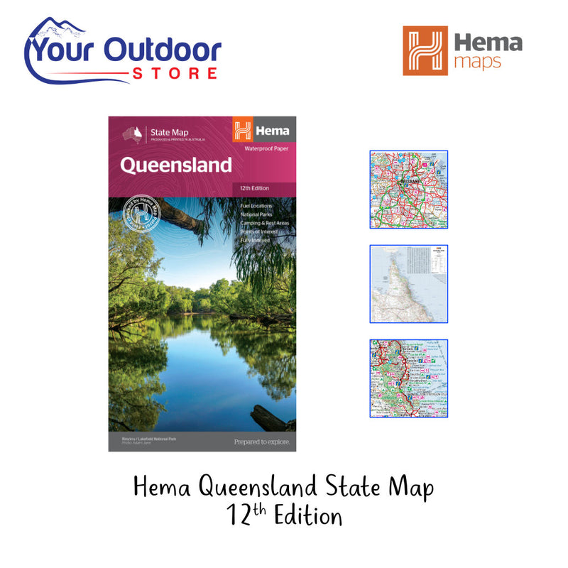 Hema Queensland Australia Waterproof State Map 12th Edition. Hero image with title and logos