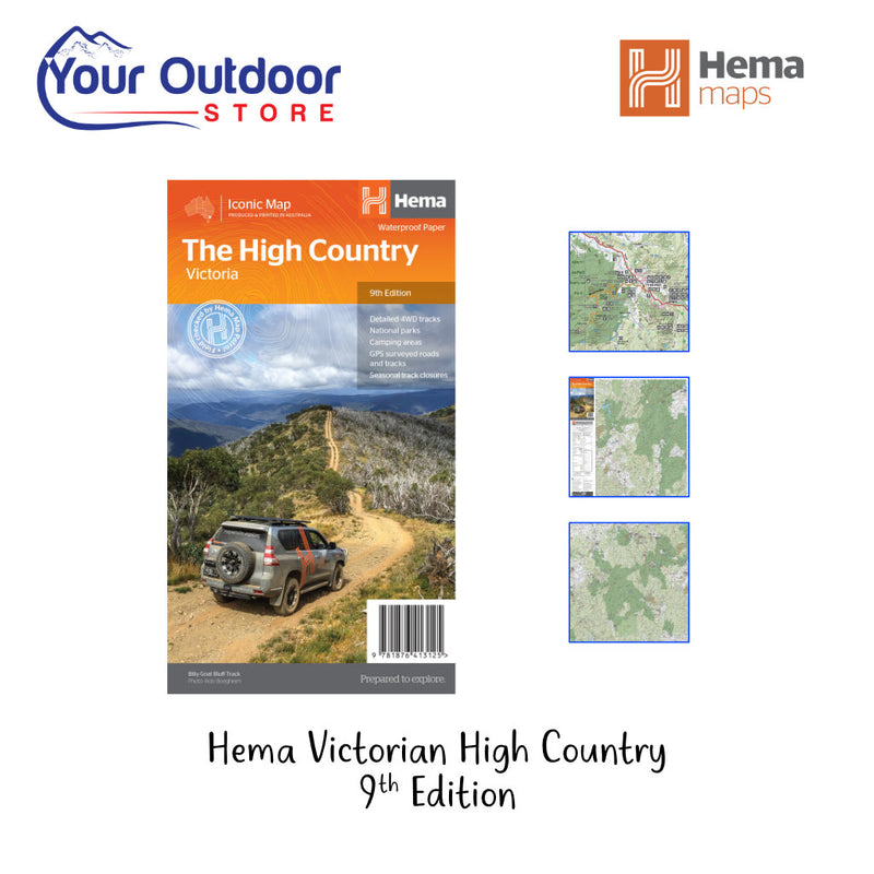 Hema Victorian High Country Waterproof Map. Hero image with title and logos
