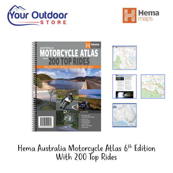 Hema Australia Motorcycle Atlas 6th Edition With 200 Top Rides. Hero image with title and logos