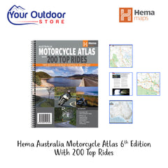 Hema Australia Motorcycle Atlas 6th Edition With 200 Top Rides. Hero image with title and logos