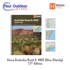 Hema Australia Road and 4WD Handy Atlas 12th Edition. Hero image with title and logos