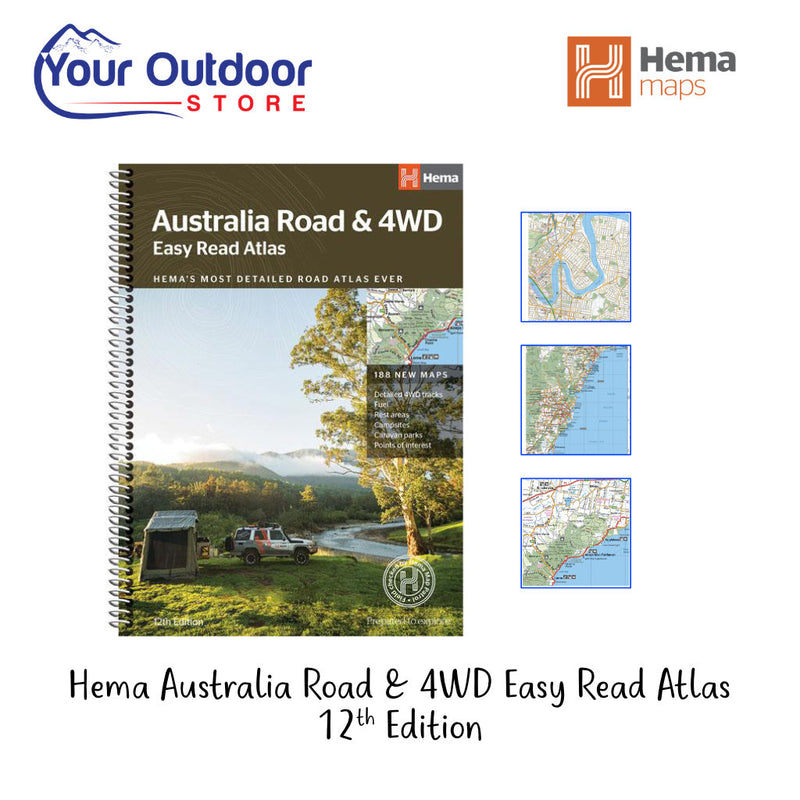 Hema Australia Road & 4WD Easy Read Atlas 12th Edition. Hero image with title and logos