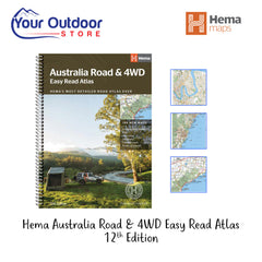 Hema Australia Road & 4WD Easy Read Atlas 12th Edition. Hero image with title and logos