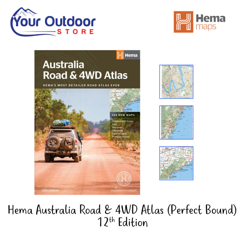 Hema Australia Road & 4WD Atlas (Perfect Bound) 12th Edition. Hero image with title and logos