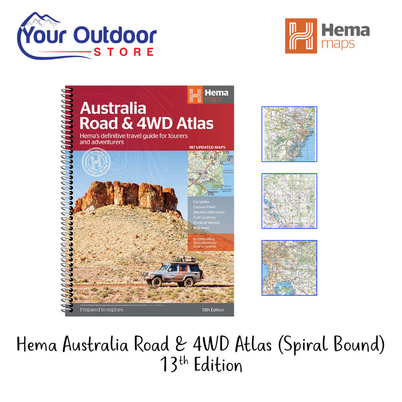 Hema Australian Road and 4WD Atlas (Spiral Bound). Hero image with title and logos