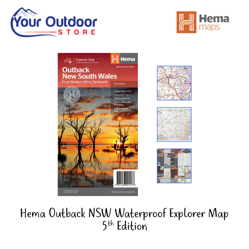Hema Outback New South Wales Waterproof Map. Hero image with title and logos