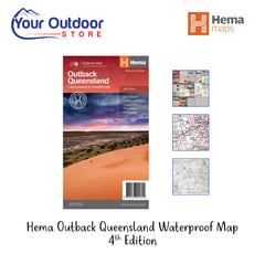 Hema Outback Queensland Waterproof Map 4th Edition. Hero image with title and logos plus image inserts