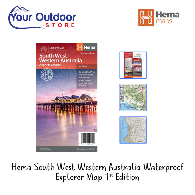 Hema South West Western Australia Waterproof Map 1st Edition. Hero image with title and logos plus image inserts