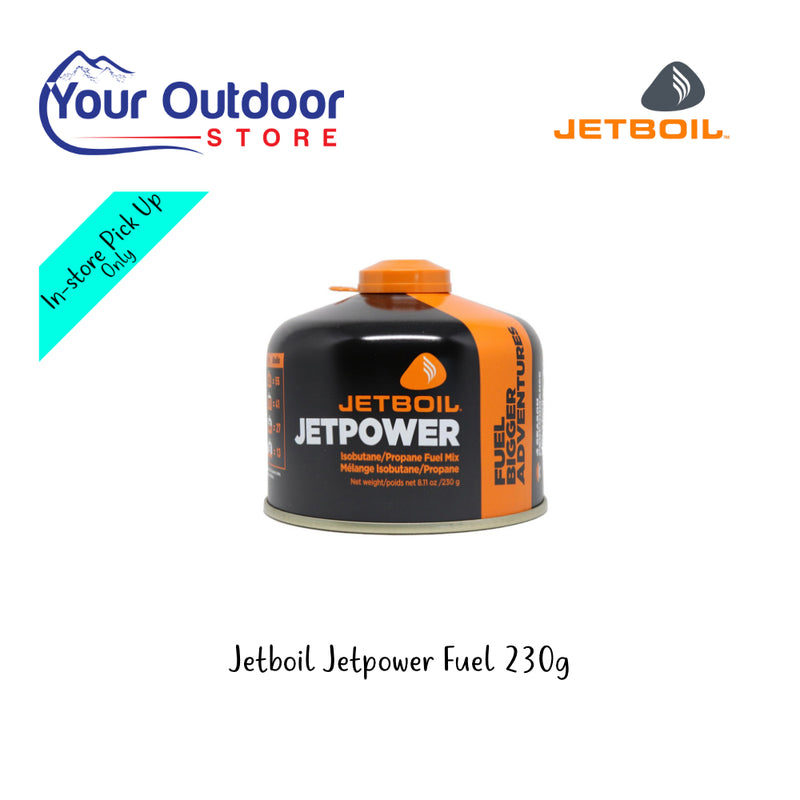 Jetboil Jetpower Fuel 230g. Hero Image Showing Logos and Title.