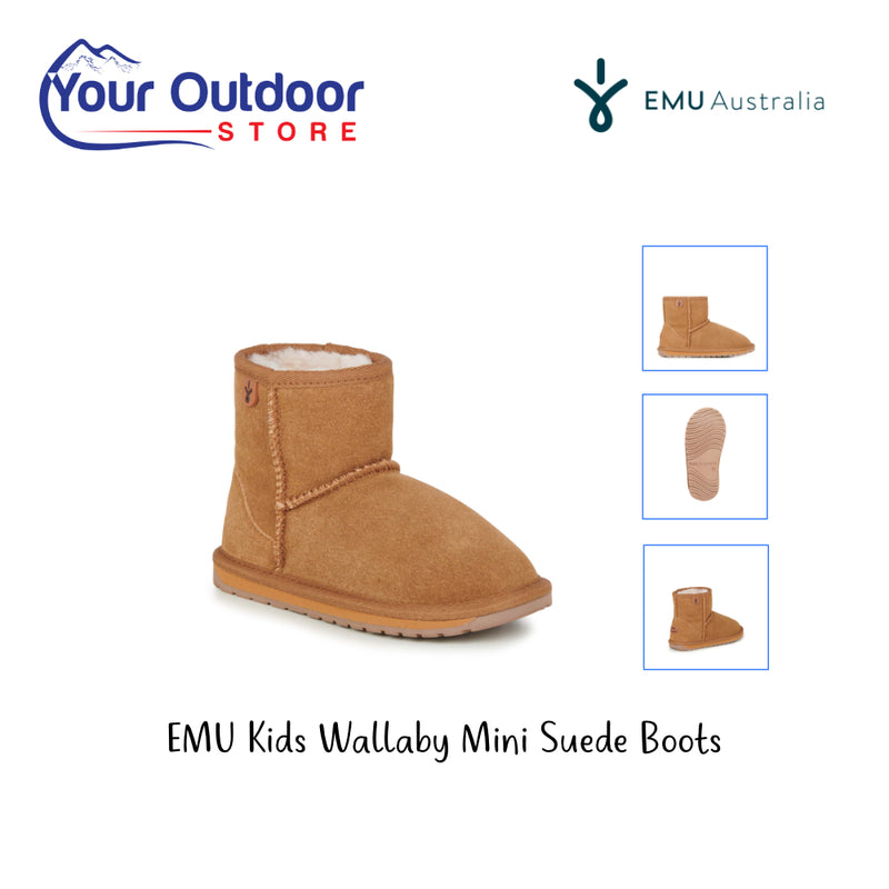 Emu Kids Wallaby Mini Suede Boot. Hero image with title and logos