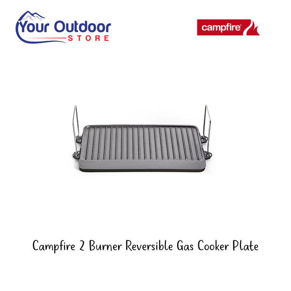 Campfire Reversible Cooking Plate 2 Burner. Hero image with title and logos