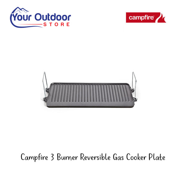 Campfire Cast Iron Cooking Plate 3 Burner. Hero image with title and logos