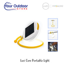 Luci Core Portable Light. Hero image with title and logos plus image inserts of features