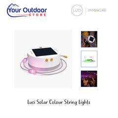 Luci Multi Colour Solar String Lights. Hero image with title and logos