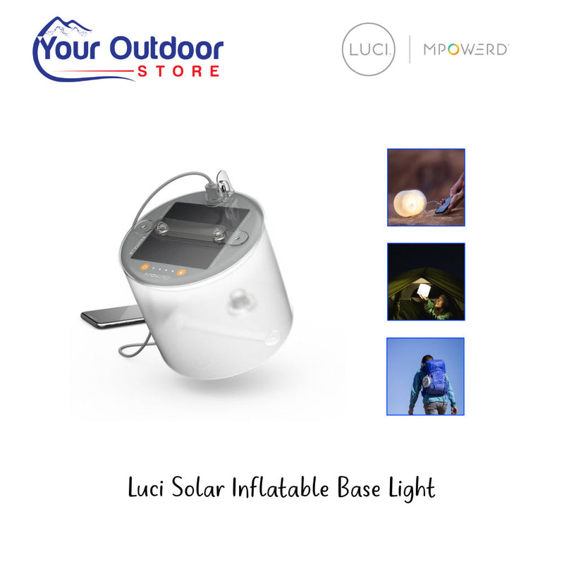 Luci Solar Inflatable Base Light. Hero image with title and logos