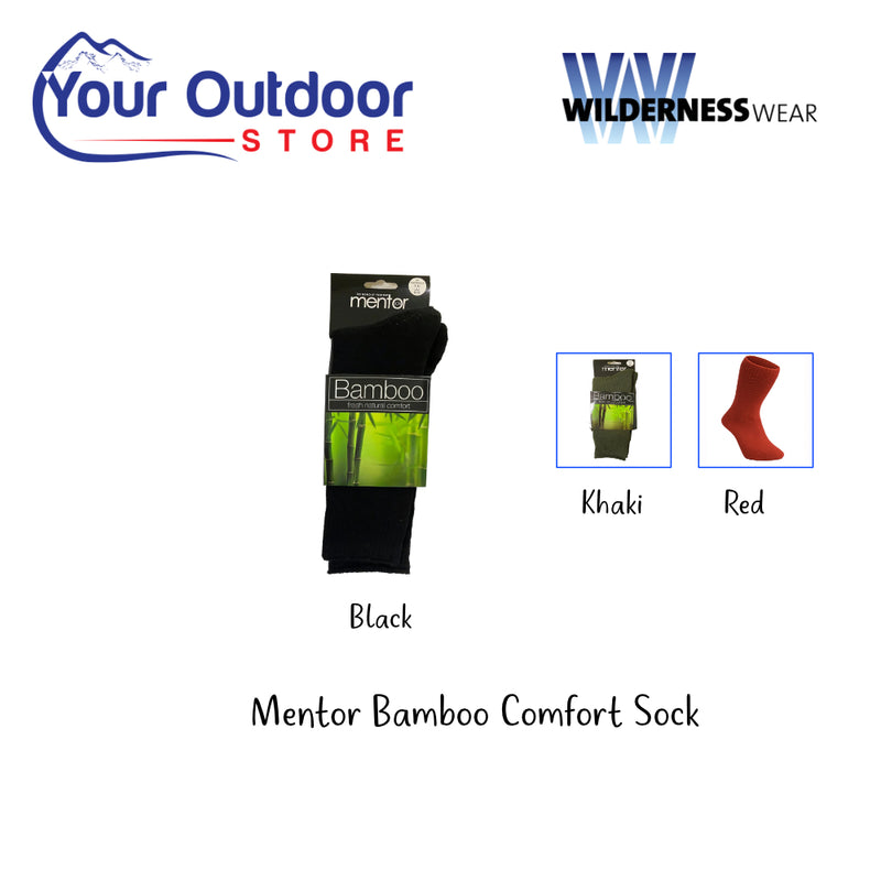 Mentor Bamboo Comfort Socks. Hero Image Showing Logos, Title and Small Colour Variants Images. . 