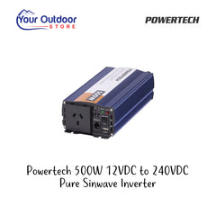 Powertech 500W 12VDC to 240VAC Pure Sine Wave Inverter - Electrically Isolated. Hero image with title and logos