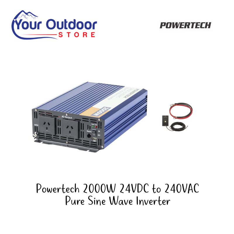 Powertech 12VDC to 240VAC Pure Sine Wave Inverter 2000W. Hero image with title and logos