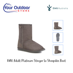 Emu Adult Platinum Stinger Lo Sheepskin Boot. Hero image with title and logos