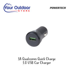 3A Quick Charge 3.0 USB Car Cigarette Lighter Adaptor. Hero image with title and logos