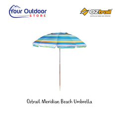 Oztrail Meridian Beach Umbrella Tilt With Vent. Hero image with title and logos