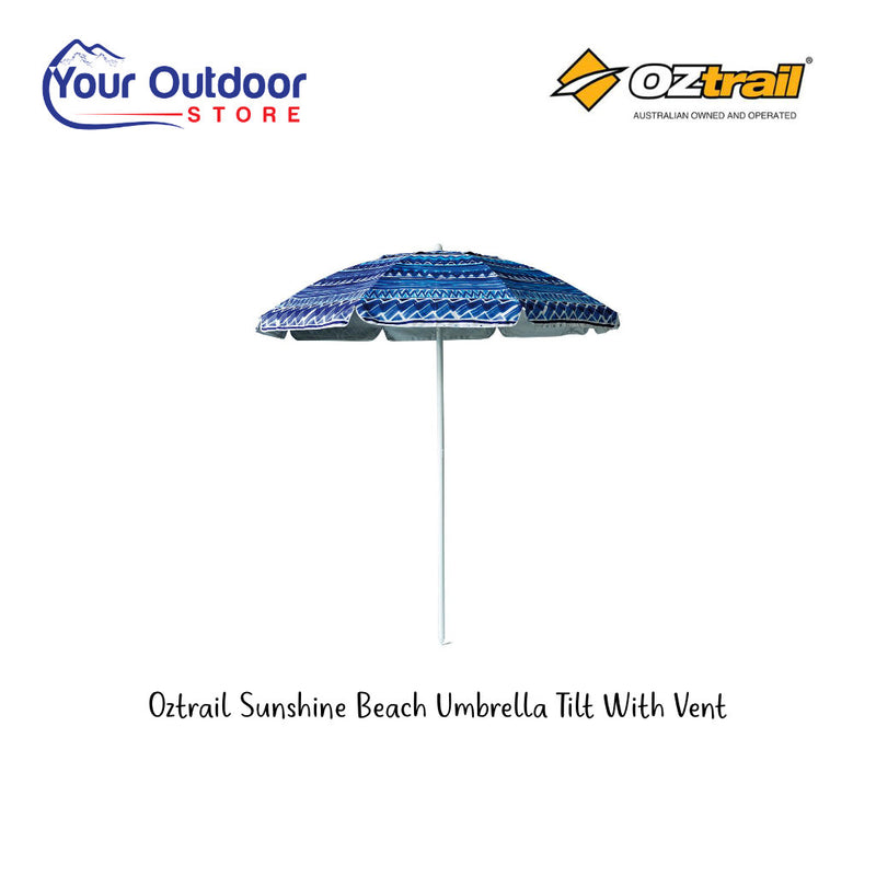 Oztrail Sunshine Beach Umbrella With Tilt and Vent. Hero Image with title and logos
