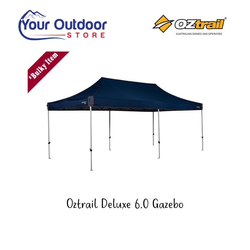 Oztrail Deluxe 6.0 Gazebo. Hero image with title and logos