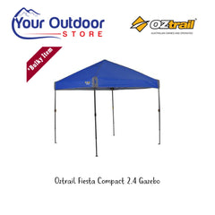 Blue | Oztrail Fiesta Compact Gazebo 2.4m. Hero image with logos and title