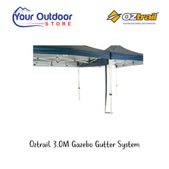 Oztrail 3.0M Gazebo Gutter System. Hero image with title and logos