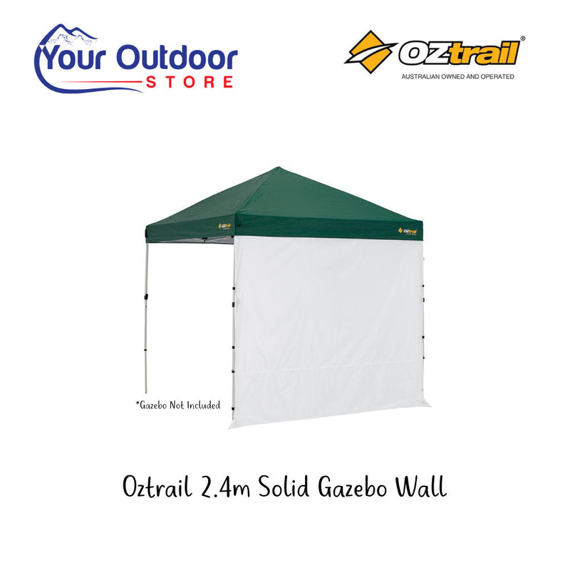 Oztrail Gazebo Solid Wall 2.4. Hero image with title and logos