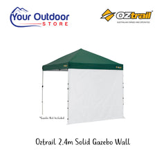 Oztrail Gazebo Solid Wall 2.4. Hero image with title and logos