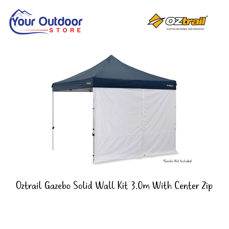 Oztrail Gazebo Solid Walls with Zip 3.0m. Hero image with title and logos