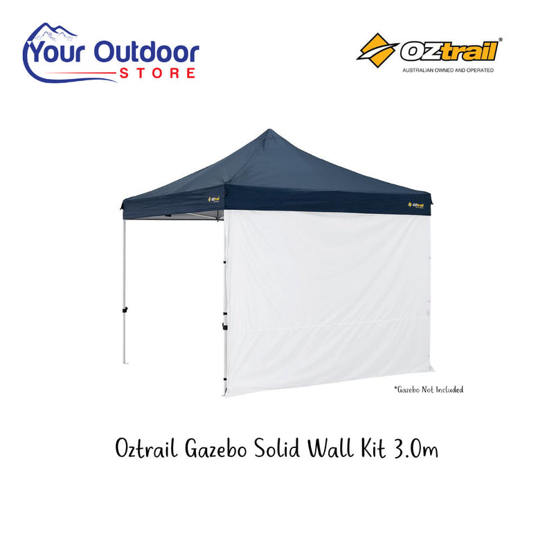 Oztrail Gazebo Solid Wall 3m. Hero image with title and logos