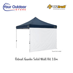 Oztrail Gazebo Solid Wall 3m. Hero image with title and logos