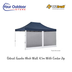 Oztrail Gazebo Mesh Wall Centre Zip 4.5. Hero image with title and logos